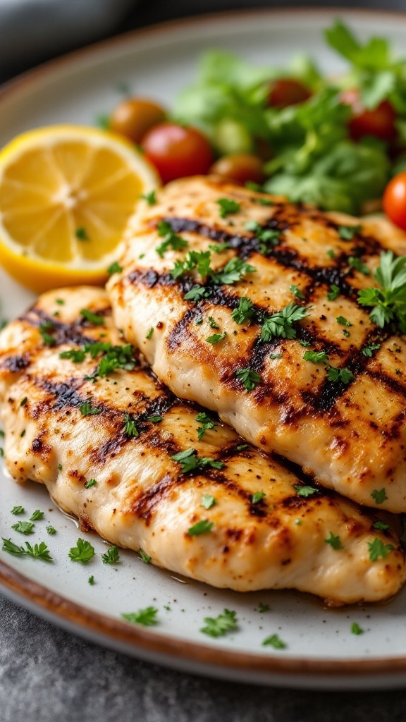 Grilled chicken with herbs and lemon on a plate