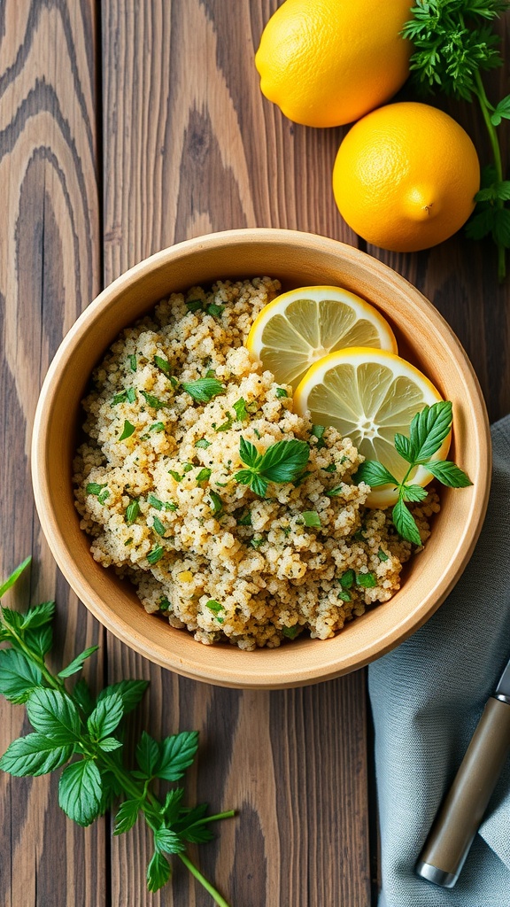 A bowl of lemon herb quinoa with fresh herbs and lemon slices