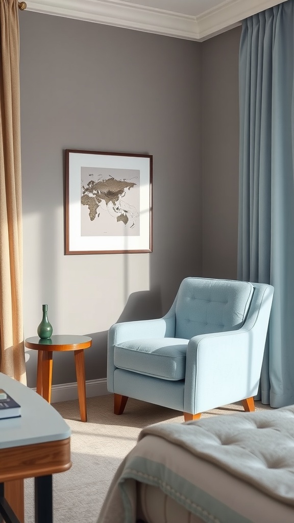 A light blue accent chair in a serene bedroom setting with a small wooden table and a map on the wall.