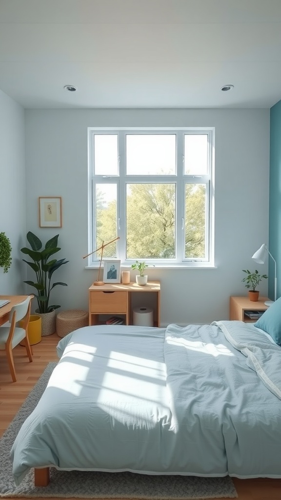 Light blue modern minimalist bedroom with natural light, plants, and simple furnishings.