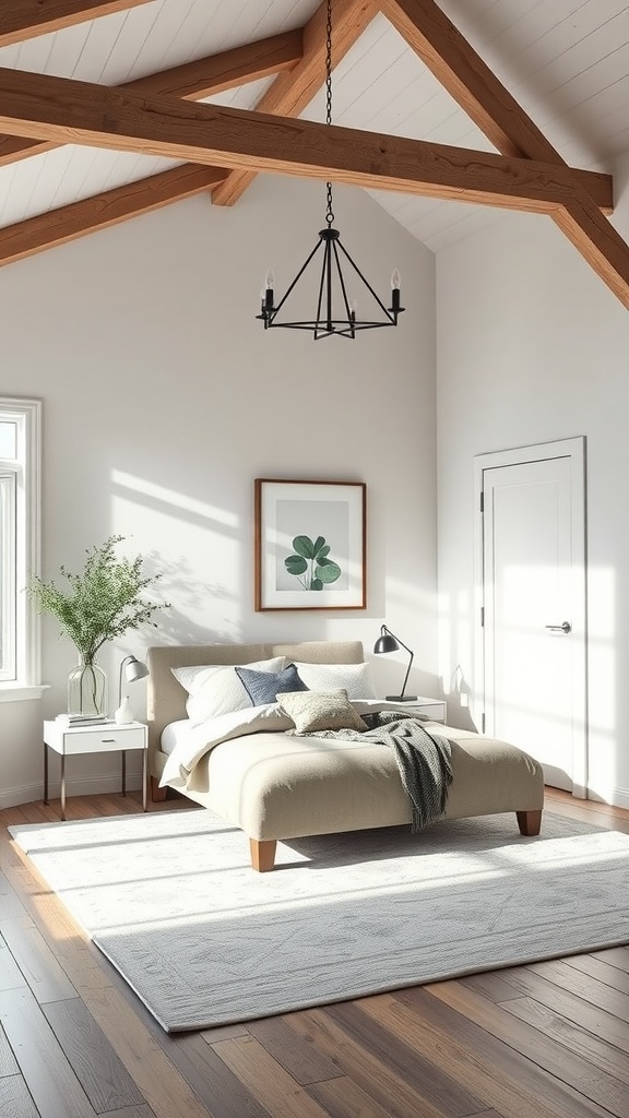A cozy farmhouse bedroom featuring light gray walls, wooden beams, and neutral-toned furniture.
