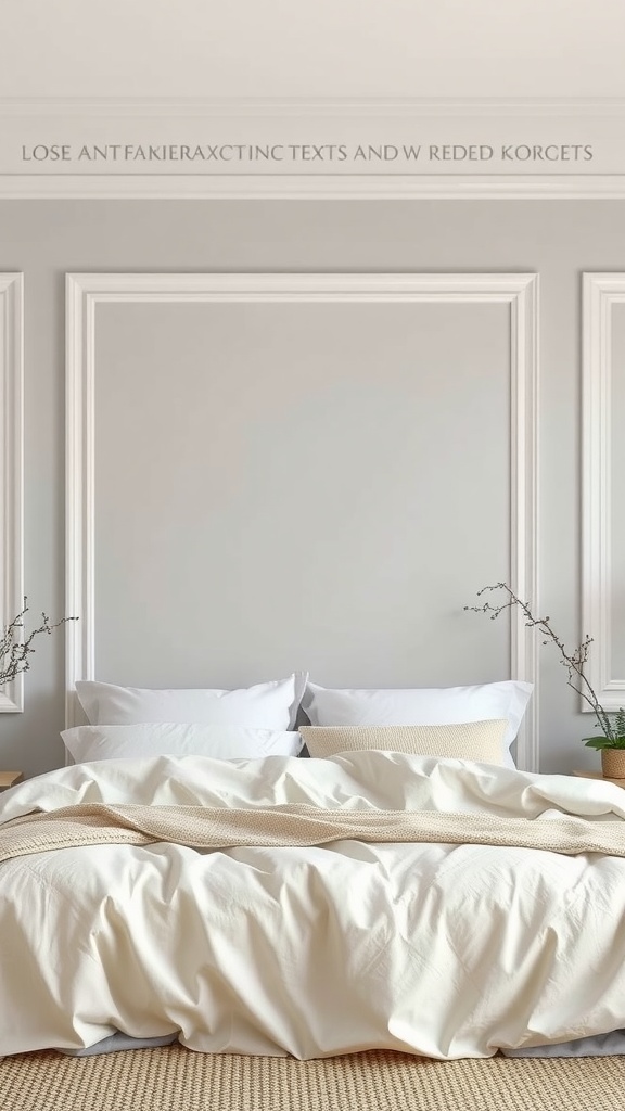 A cozy bedroom with a light gray accent wall and white trim, featuring a white bed and muted decor.