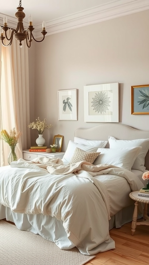 A cozy farmhouse bedroom painted in light taupe, featuring soft bedding and natural light.