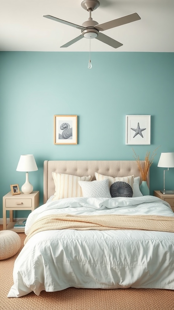 A bedroom featuring a light teal accent wall with neutral bedding and beach-themed decor.