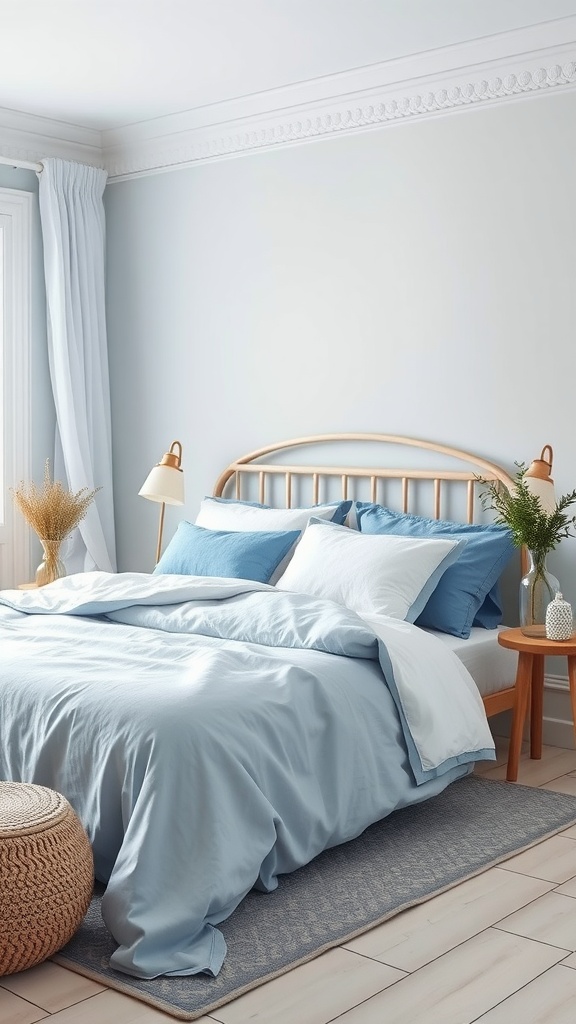 A serene bedroom featuring light blue linen bedding, a wooden bed frame, and a cozy rug.