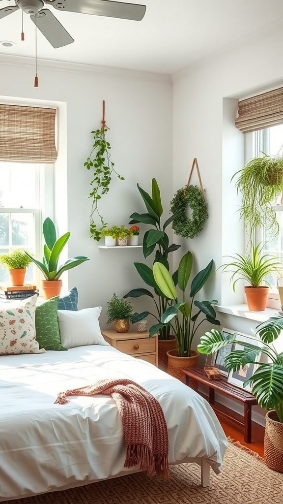 A cozy bedroom filled with various live plants, including hanging and potted varieties, enhancing the rustic boho style.