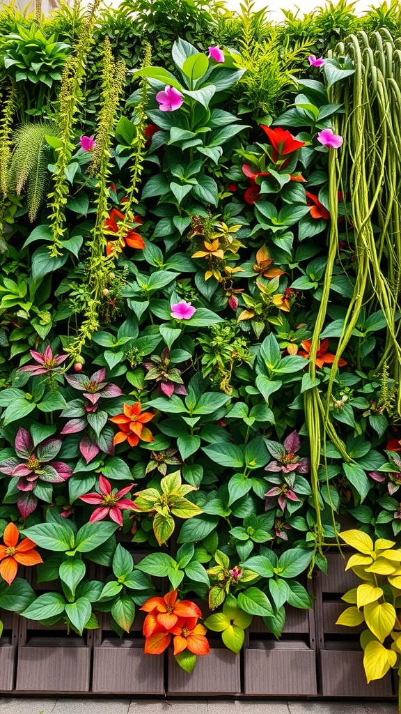 Lush vertical garden with various plants and flowers, showcasing a vibrant living wall.