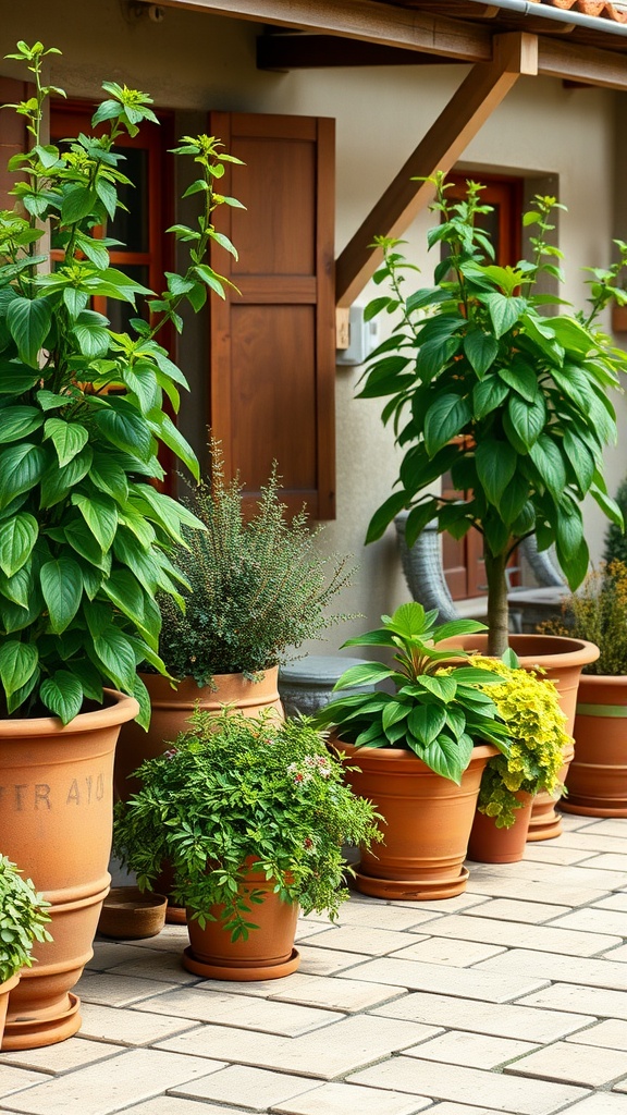 A collection of lush green plants in terracotta pots on a patio