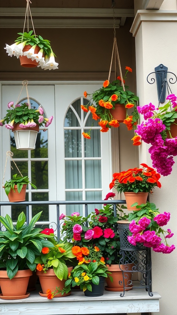 A charming farmhouse balcony adorned with vibrant flowers and greenery in pots.