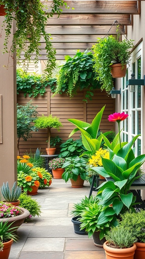 A vibrant patio filled with a variety of green plants and colorful flowers.