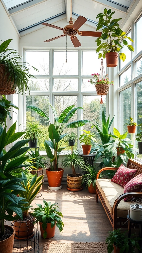 A cozy sunroom filled with various plants and bright natural light