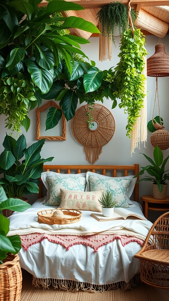 A cozy bedroom filled with lush greenery, featuring a wooden bed with white linens and decorative pillows, surrounded by plants in woven pots and hanging from the ceiling.