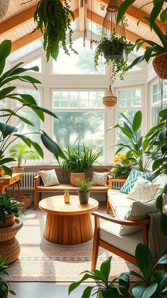 A boho style sunroom filled with various indoor plants, wooden furniture, and natural textures, featuring a cozy seating area and lots of sunlight.