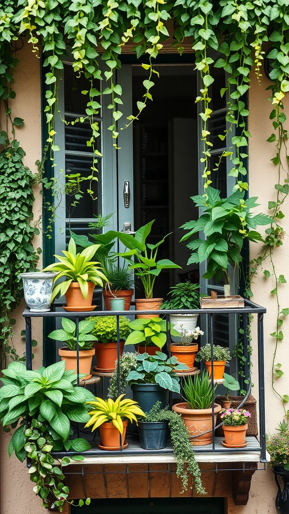 A balcony filled with various potted plants, showcasing lush greenery and a cozy, inviting atmosphere.