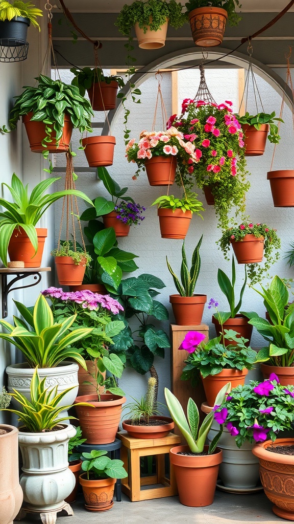 A vibrant display of potted plants arranged on shelves and hanging, showcasing a variety of flowers and greenery.