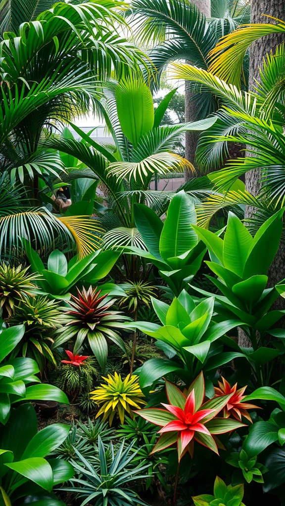 A vibrant tropical garden filled with various lush green plants and colorful flowers.