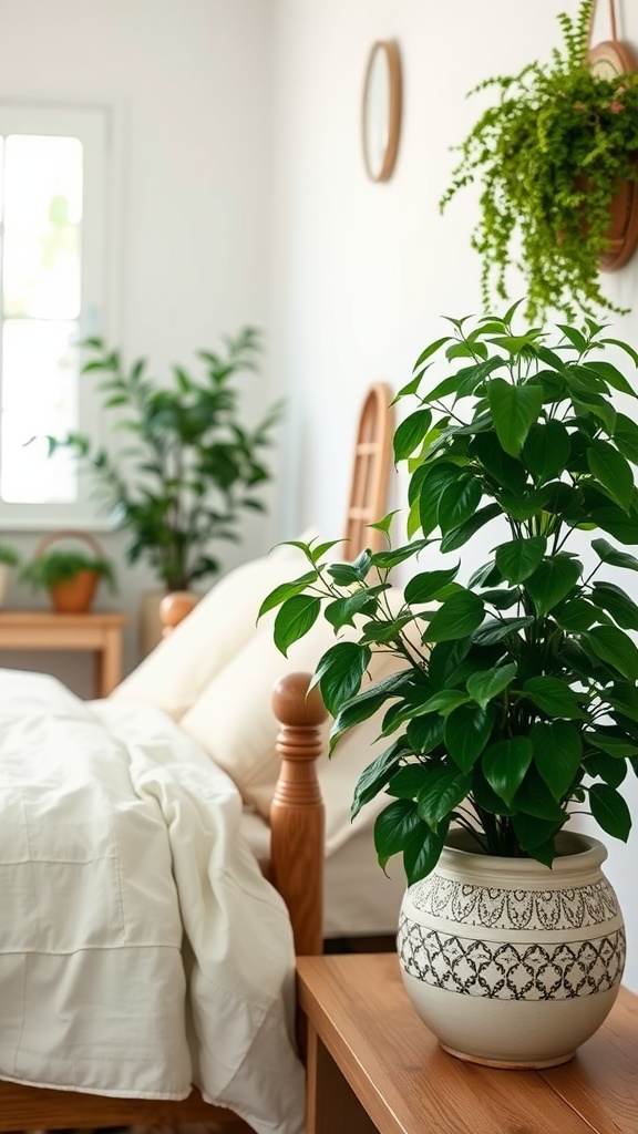 A cozy farmhouse style bedroom with lush green plants, wooden furniture, and soft bedding.