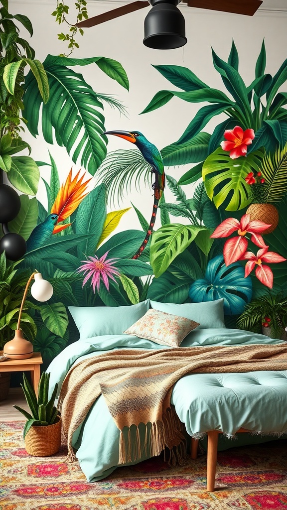 A beautifully designed jungle-themed wall mural featuring lush greenery and vibrant tropical flowers, complementing a cozy bedroom setting.