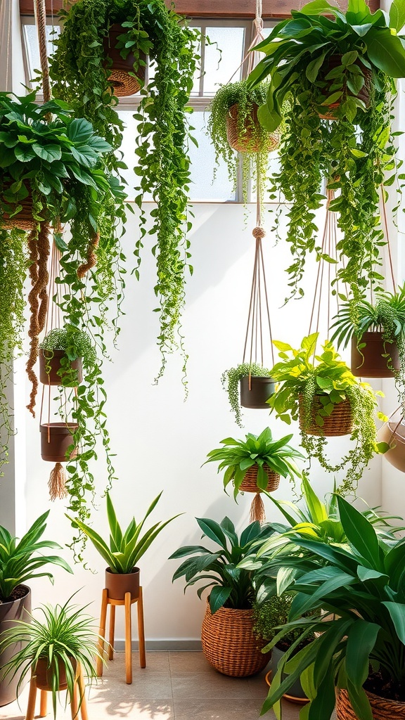 A collection of lush hanging plants in a bright space