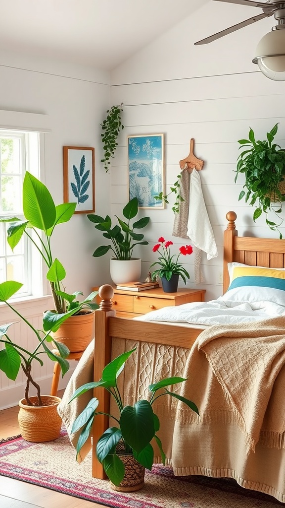 A cozy farmhouse chic bedroom featuring indoor plants, a wooden bed, and natural light.