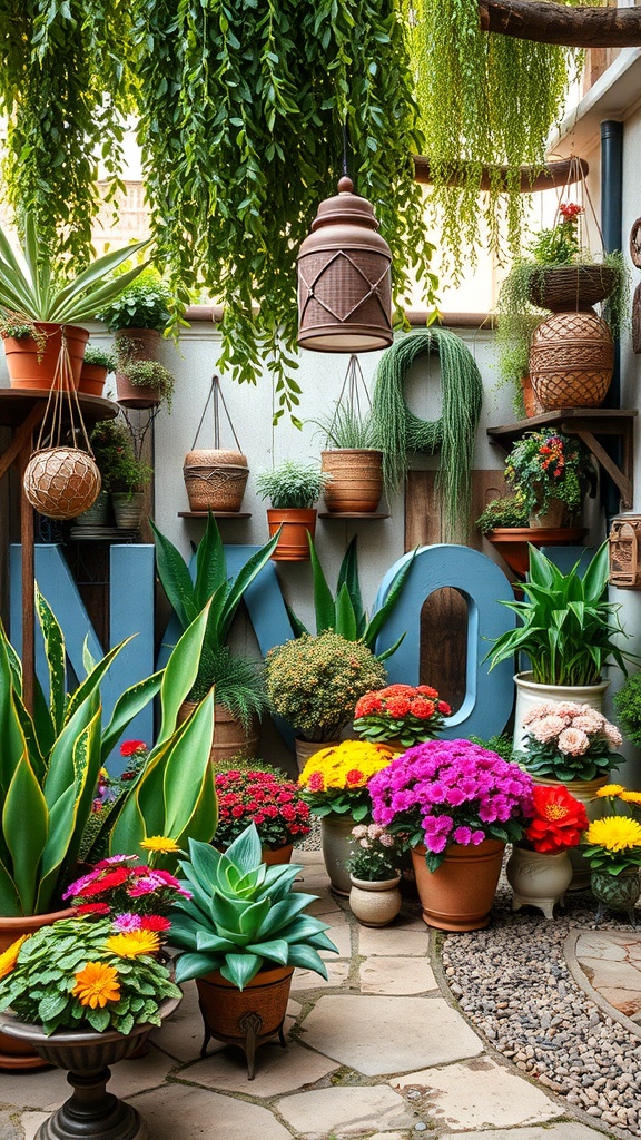 A cozy garden with various potted plants, colorful flowers, and hanging greenery.