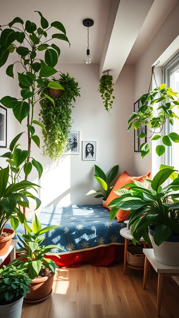 A corner of a farmhouse basement bedroom filled with lush plants, featuring a cozy bed and natural light.