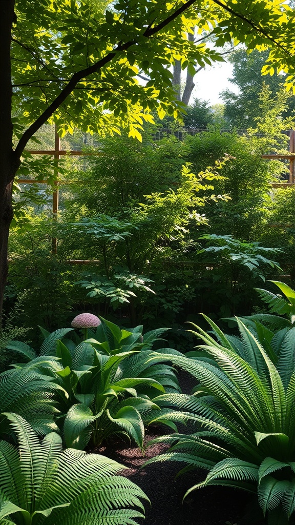 Lush shade garden with various green plants and ferns under a tree canopy.