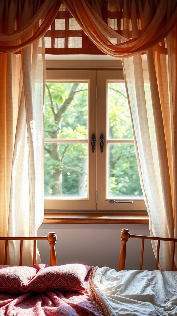 A cozy bedroom with lush textured curtains framing a window, letting natural light in.