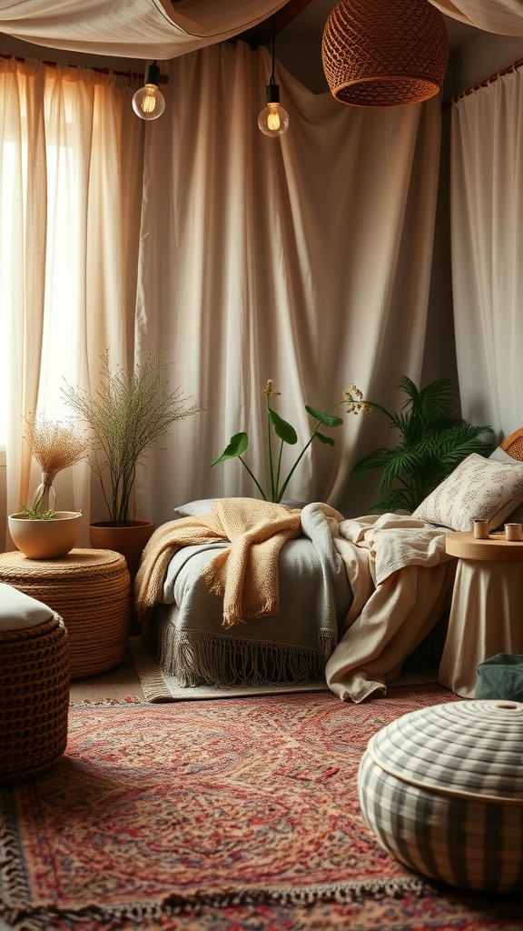 Chic boho mid-century modern bedroom with warm tones and lush textures
