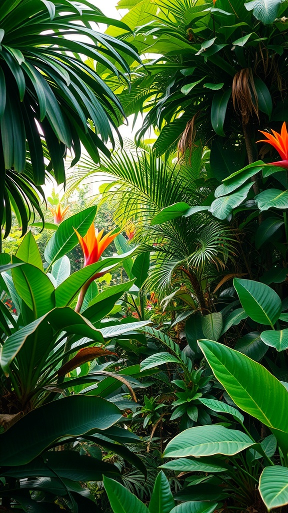 Dense foliage with tropical plants and bright flowers in a vibrant garden setting.