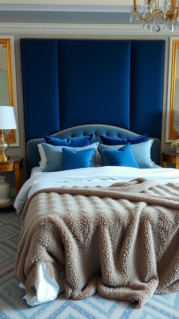 Cozy bedroom featuring a luxe blue velvet headboard, blue pillows, and a warm brown throw blanket.