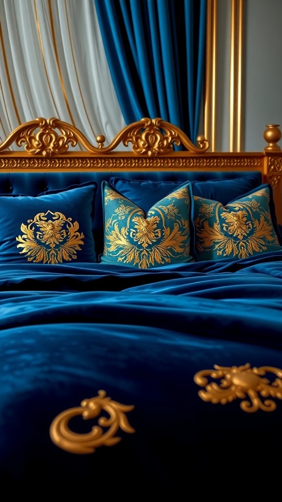 Luxurious blue velvet bedding with gold embroidered pillows