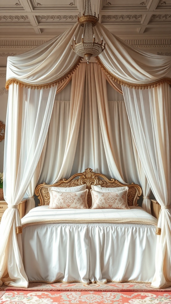 Luxurious canopy bed with drapes and chandelier