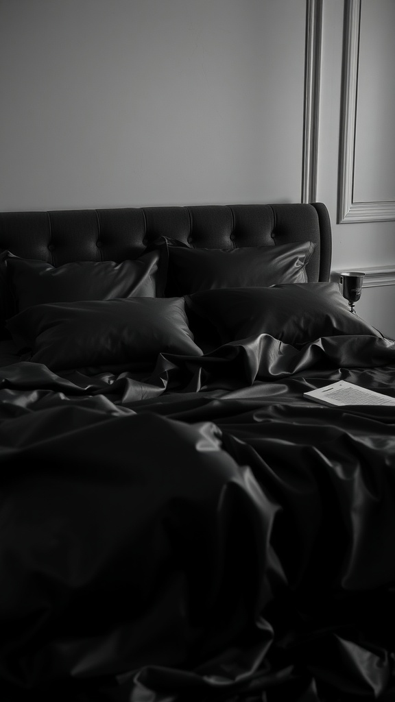 A luxurious bed with dark satin sheets and pillows, featuring a plush headboard and a book on the bed.
