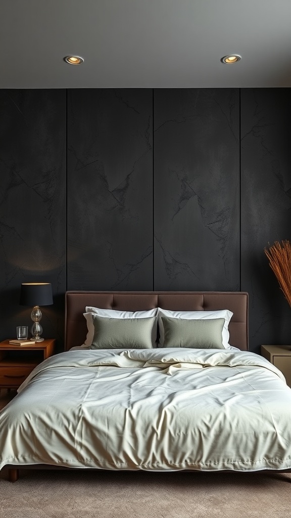 A bedroom featuring luxurious dark textured walls, a cozy bed with neutral bedding, and stylish bedside decor.