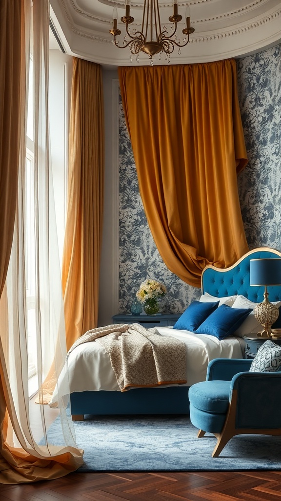 A luxurious bedroom featuring gold drapery and blue accents, showcasing elegance and comfort.