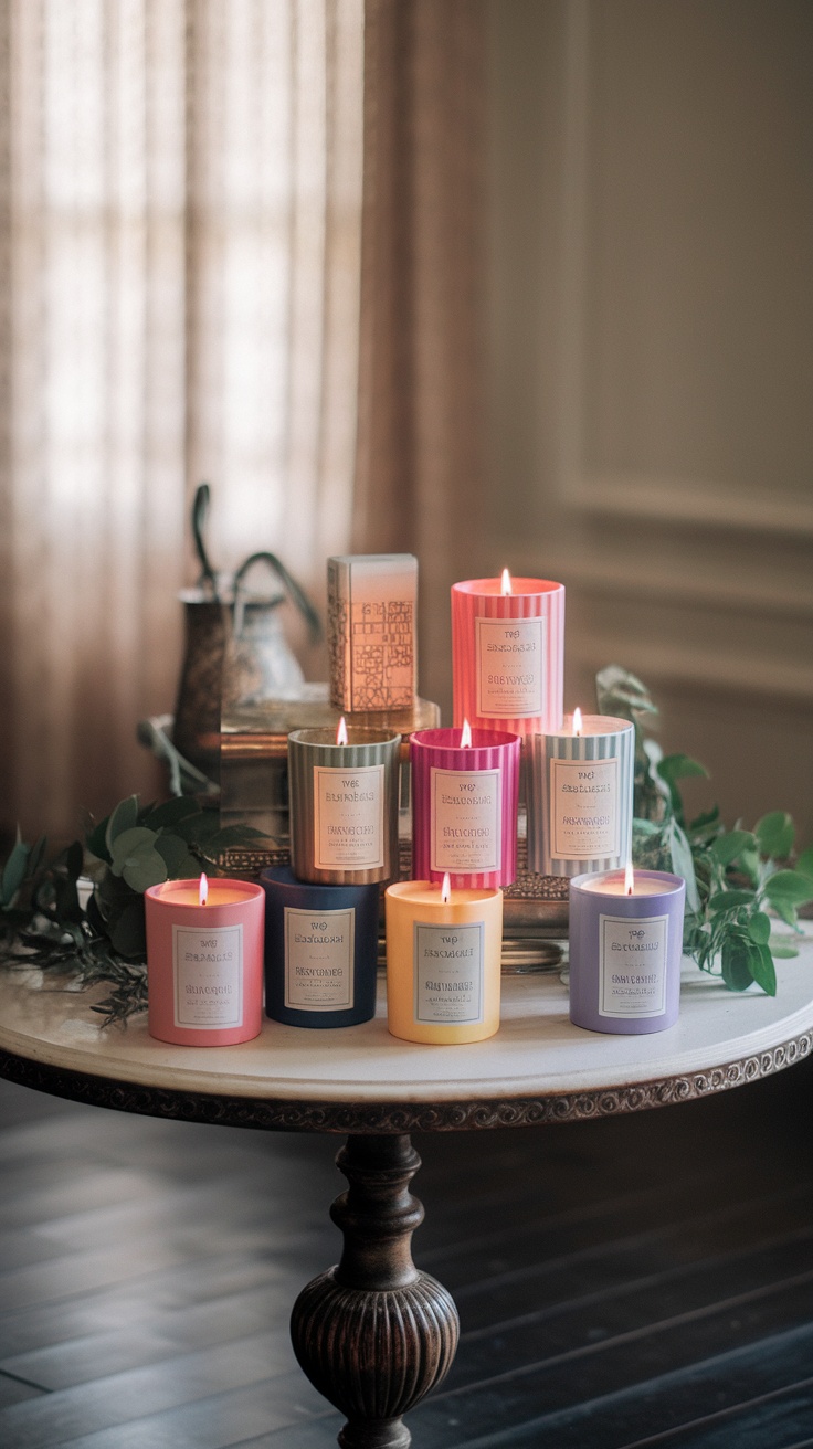 A beautiful display of colorful scented candles on a table, creating a cozy ambiance.