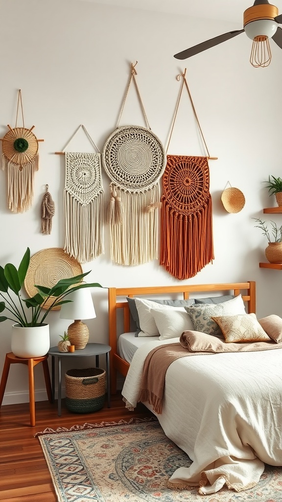 A cozy bedroom featuring macrame wall hangings in warm colors, with wooden furniture and vibrant plants.