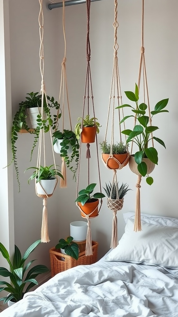 A collection of macrame plant hangers with various plants in a bright bedroom setting.
