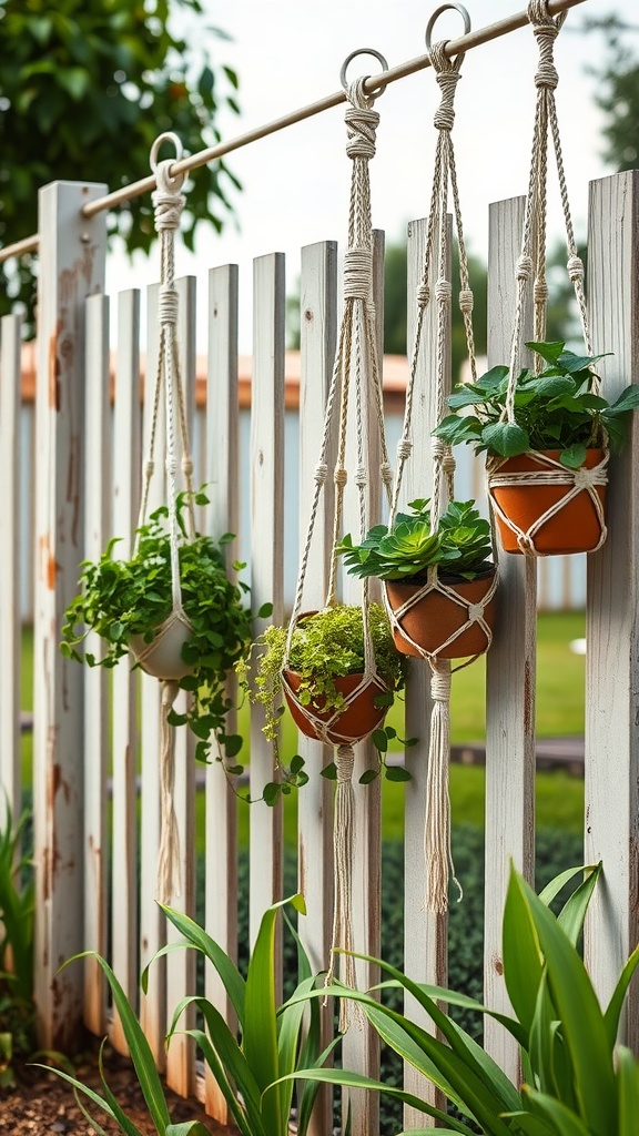 Macrame plant hangers with greenery on a garden fence