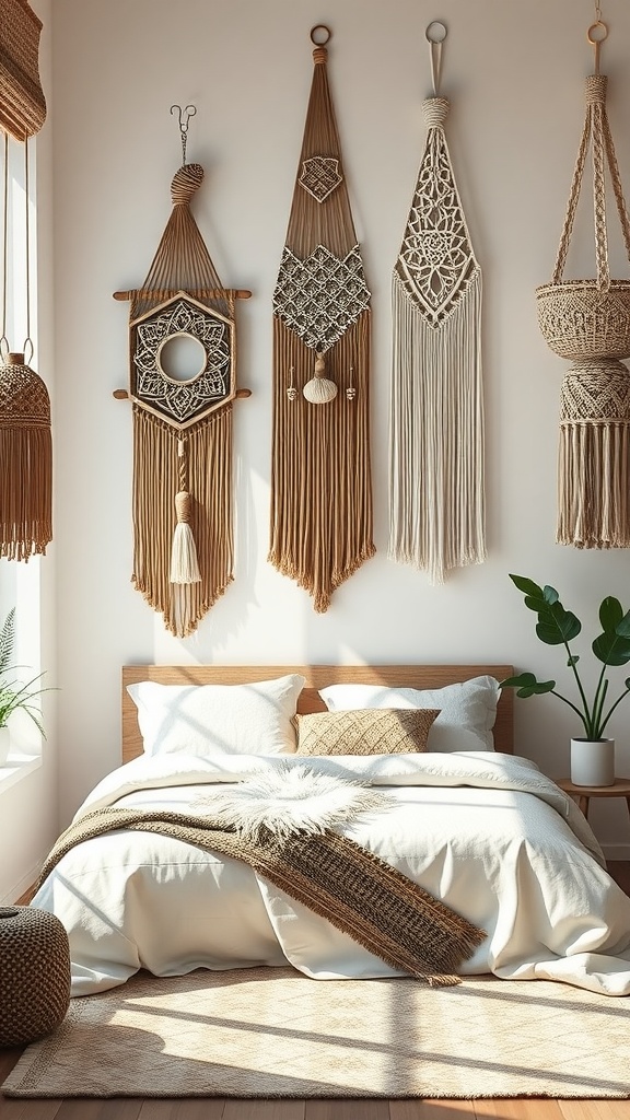 Macrame wall hangings in a boho style bedroom.