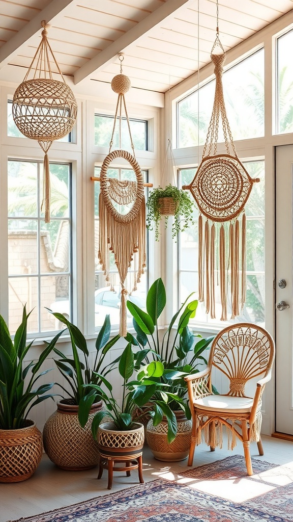 A sunroom featuring various macrame wall hangings and indoor plants.