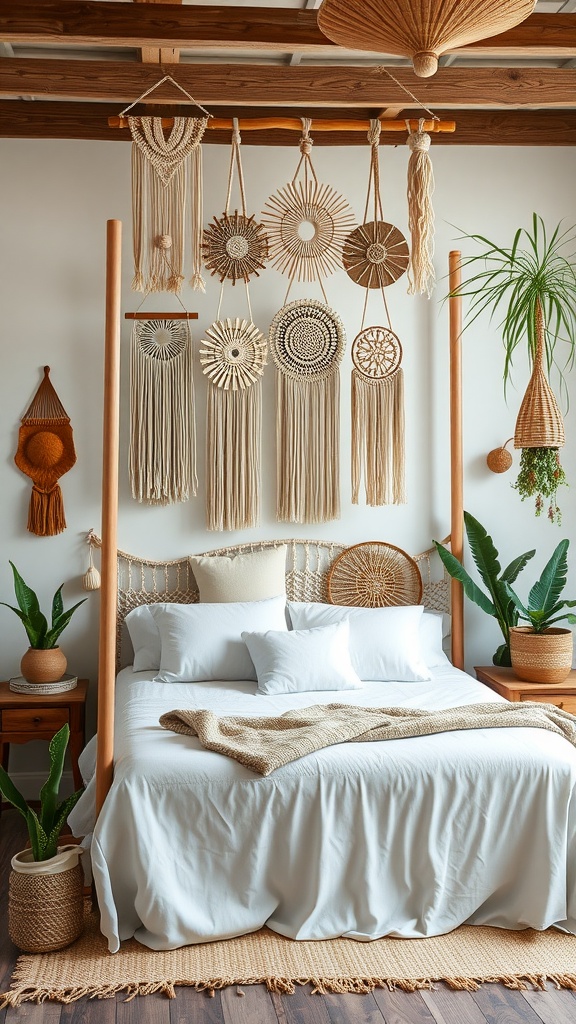 A serene boho bedroom featuring a canopy bed and artistic macrame wall hangings.