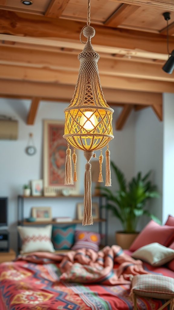A macramé hanging light fixture illuminating a cozy bedroom with colorful textiles.