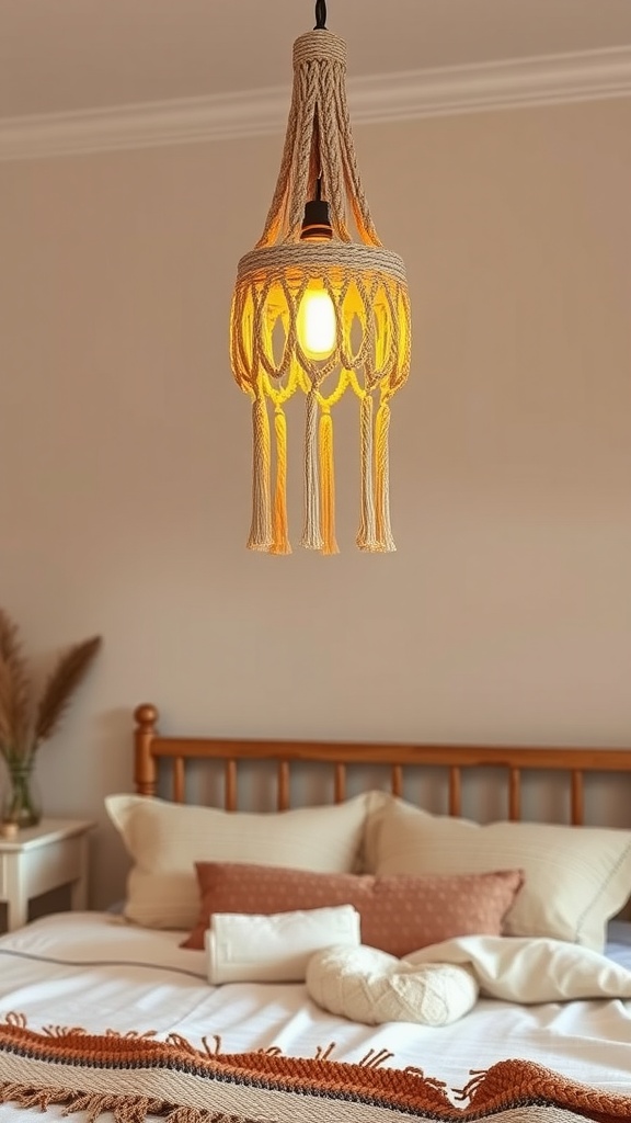 A macramé pendant light hanging above a cozy bed with soft pillows and a knitted throw.