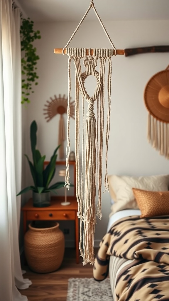 Macramé wall hanging with heart design in a cozy boho bedroom setting