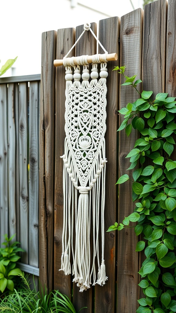 A macramé wall hanging displayed on a wooden fence, surrounded by greenery.