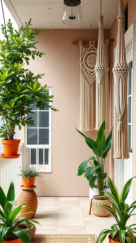 A cozy balcony featuring macramé wall hangings, potted plants, and a warm color scheme