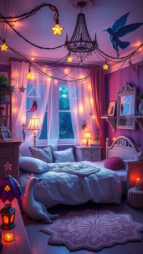 A cozy girls' bedroom themed with fairies and elves, featuring soft colors, fairy lights, and whimsical decor.