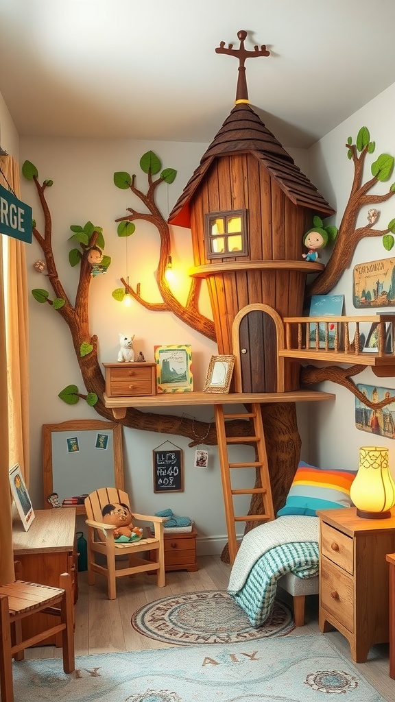 A cozy treehouse corner in a boy's bedroom featuring a wooden treehouse, decorative leaves, and comfortable furniture.